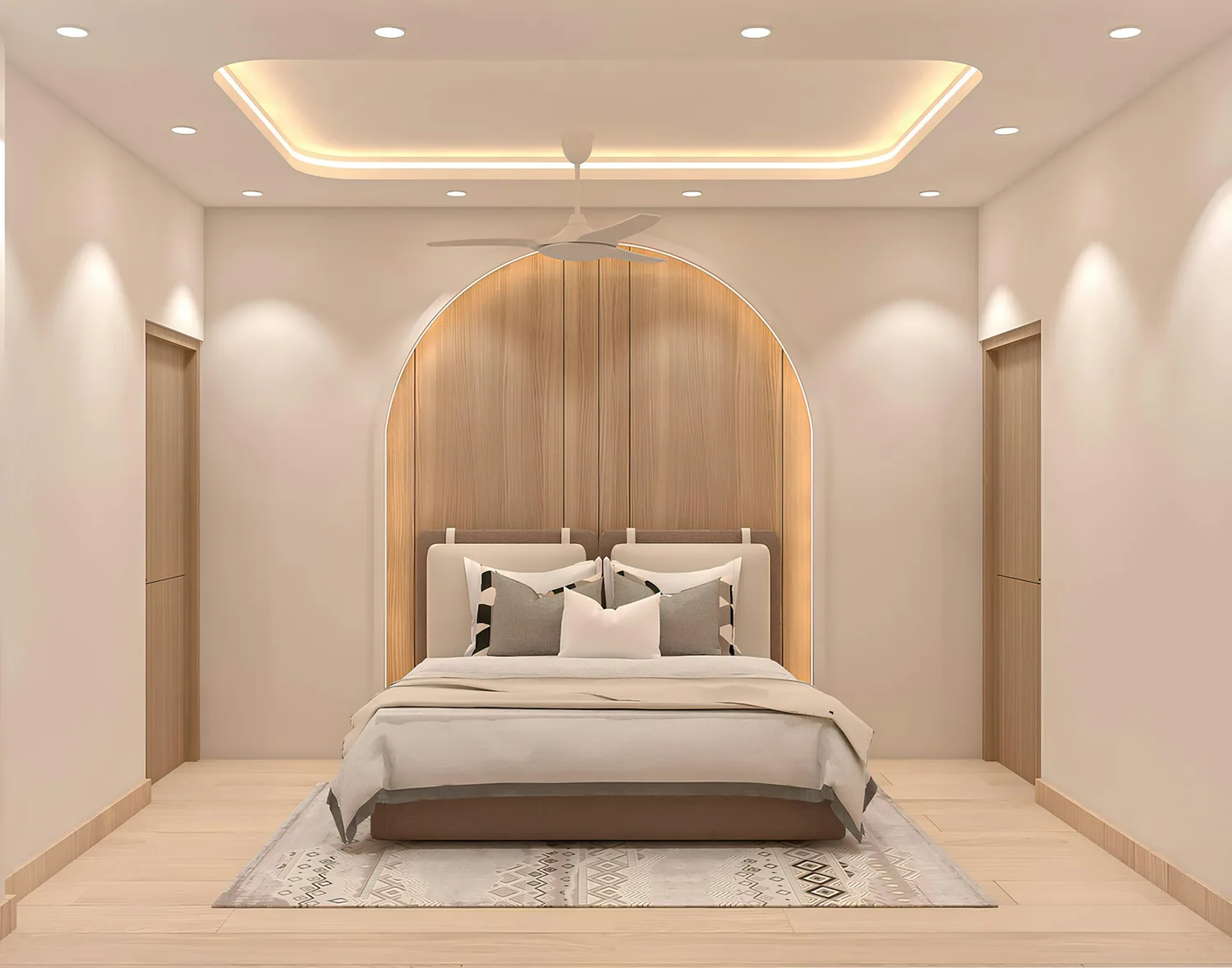 22:00 chuẩn bị ngủ - phòng ngủ sang trọng, đèn hắt vàng ấm, giường phẳng phiu